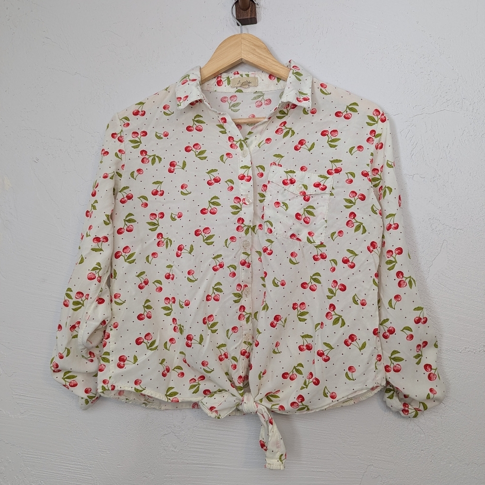 Cherry Print Polkadot Cute Lightweight Summer Blouse Coquette Rockabilly Cottage